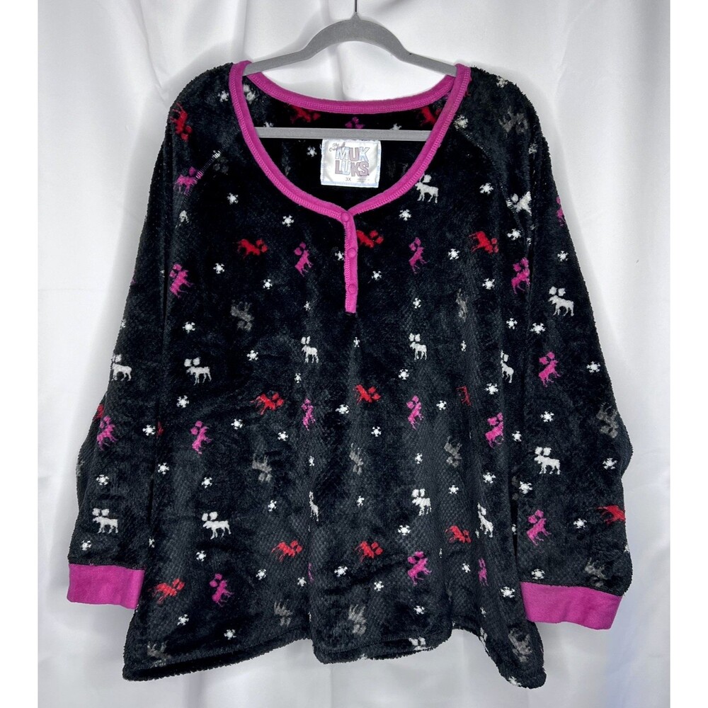 Muk Luks Plush Fleece Women's Henley Lounge Pajama Top Reindeer Holiday Size 3X